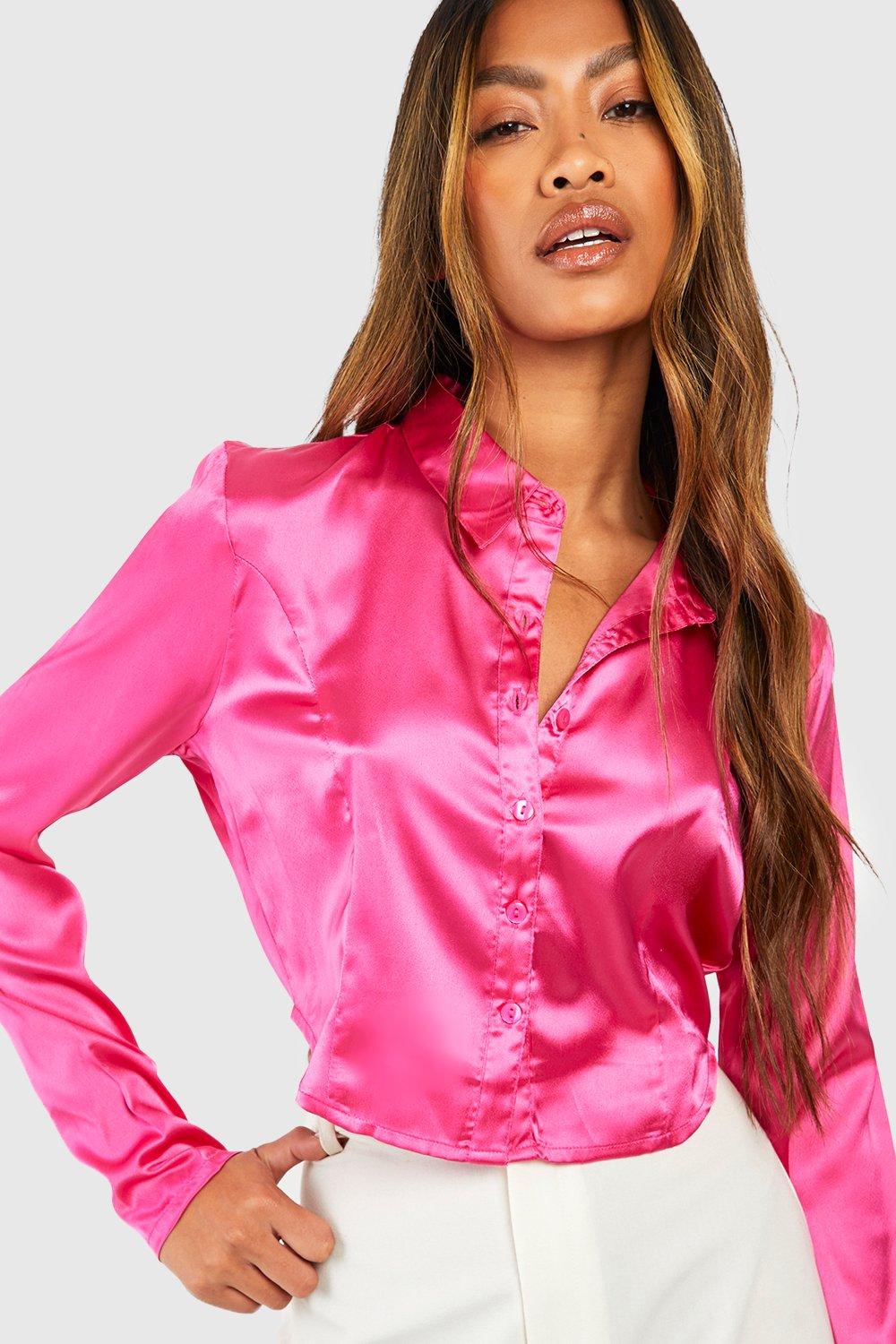 Pink satin shirt clearance womens